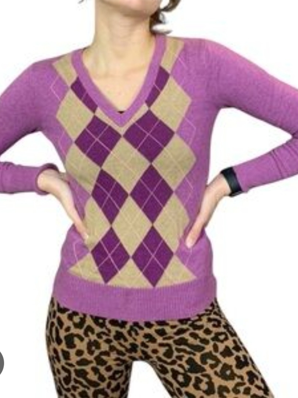 Merona Purple Argyle V-Neck Sweater with Tan Diamonds